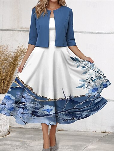  Womenské midi šaty ležérní šaty chiffonové šaty swingové šaty elegantní svatební dovolená každodenní běžný střih květinové poloviční rukáv véčkový výstřih modrá léto jaro podzim