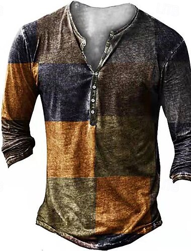  Herren Faux-Patchwork-Muster T Shirt Henley Shirt Tee Langarm Vintage Designer Stilvoll Outdoor Täglich Sport Frühling Sommer Braun Grün Rote Henley Henley T-Shirt