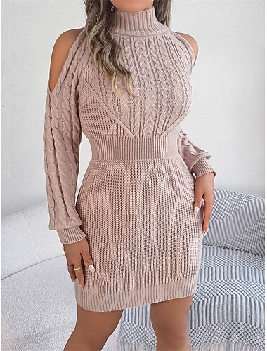  Mini-Kleid für Frauen Pullover Kleid Bodycon Kleid Off-Shoulder Kleid Casual Laternenärmel Urlaub Alltag Reguläre Passform Floral Langarm Hochkragen Pink Armeegrün Grau Sommer Herbst Winter