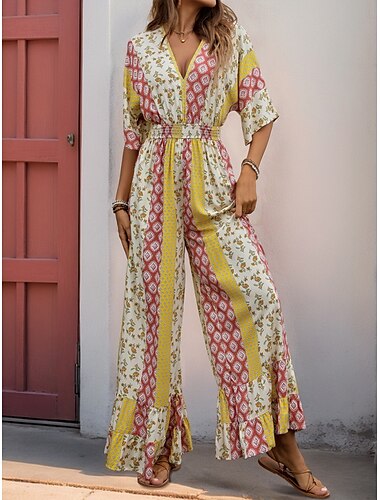  Dames Normaal Jumpsuit Vakantie Bloemig 3/4 mouw V-hals Hoge taille Vakantie Dagelijks Normale pasvorm Geel Zomer
