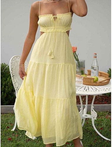 Damen Maxikleid A-Linie Kleid Strandkleid Einfarbig Slip Kleid Off-Shoulder Kleid Urlaub Strand Urlaub täglich Urlaub reguläre Passform Grafik ärmellos Träger Schwarz Weiß Gelb Blau Sommer