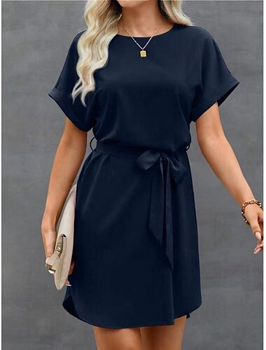 Damen Mini Kleid Wickelkleid T-Shirt Kleid Tee Kleid Einfarbig Freizeit Urlaub Street Freizeit reguläre Passform Grafik Kurzarm Rundhalsausschnitt Pink Wein Navy Blau Blau Sommer