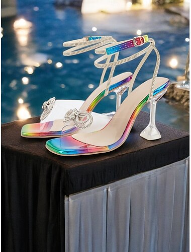  regenboogkleurige, doorzichtige hakken met kristallen strikdetail - kleurrijke sandalen met hoge hak voor dames - ideaal voor speciale gelegenheden