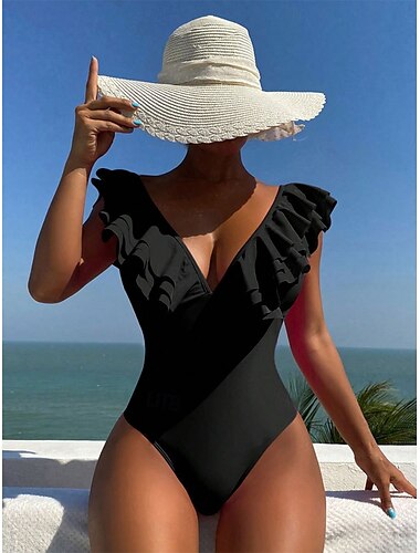  Mujer Bañadores Una pieza Monokini Traje de baño Volante Espalda al Aire Control de barriga Alta cintura Delgado Vacaciones Ropa de playa Color sólido Escote en Pico Sin Mangas Trajes de baño