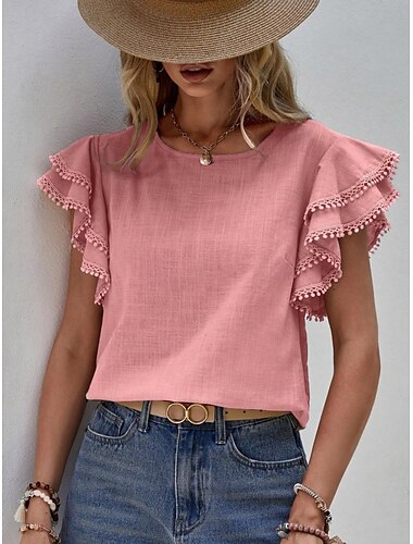  Femme T shirt Plein Mode Moderne Décontractées Manche Courte Col Ras du Cou Hauts réguliers du quotidien Fin de semaine A Volants Rose Claire Bleu Eté