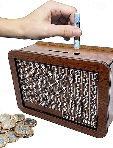  2025 nouvelle boîte de défi d'épargne d'argent en bois coffre-fort en bois caisse d'épargne en bois tirelire avec compteur compteur de pièces tirelire tirelire avec cible d'argent et chiffres