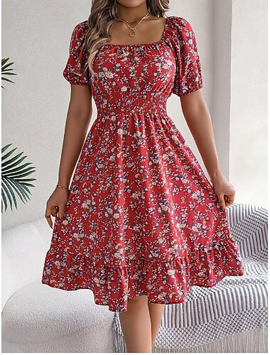  Per donna Vestito longuette Abito linea A Abito da lattaia Abito midi Abito smock Boemia stile sveglio Moda Manica a sbuffo Da mare Interni Feste Adattabile Floreale Manica corta Squadrata Nero