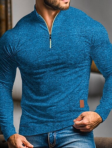  Men's Polo Shirts Quarter Zip Polo Sports & Outdoor Casual Daily Standing Collar Quarter Zip Long Sleeve Fashion Basic Solid Color Pocket Spring &  Fall Regular Fit Black Navy Blue Ocean Blue Orange