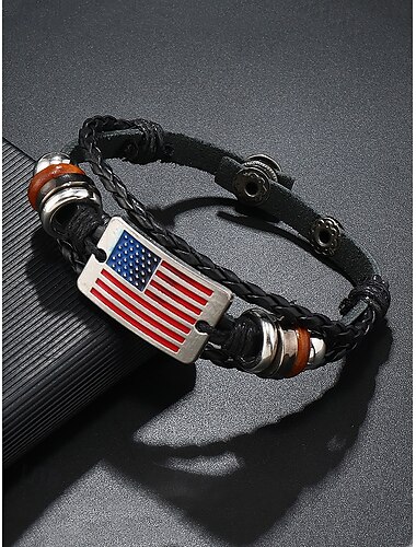  Lederarmband für Herren mit amerikanischer Flagge – stilvolles geflochtenes Armband mit Metall- und Holzakzenten für lässige und patriotische Anlässe