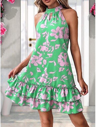  Damen Minikleid Sommerkleid Halterkleid Urlaub Strand Design Urlaub Casual Täglich Regular Fit Graphic Ärmellos Halfterhals Rote Grün Sommer