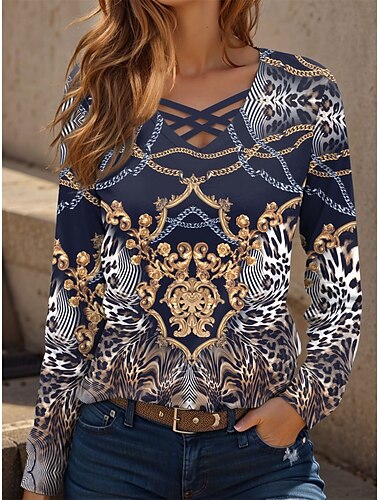  Femme T shirt Graphic Léopard Cachemire Décontractées manche longue Col V Hauts réguliers du quotidien Découpé Imprimer bleu marine Printemps Automne