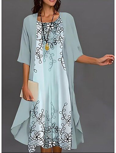  Dames Afstudeerjurk Midi Jurk Chiffon Jurk Shift Jurk Zomerjurk Elegante Stijlvolle Formele Formele Bruiloft Gast Dagelijks Losse Fit Bloemgrafisch Halve Mouwen Crew Neck Luchtblauw Zomer Lente Herfst