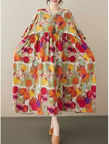  Damen Maxikleid Baumwoll-Leinen-Kleider Freizeitkleid Boho Chic Kleider Basic Lässig Urlaub Täglich Normale Passform Grafik Kurzarm Rundhalsausschnitt Rote Blau Sommer