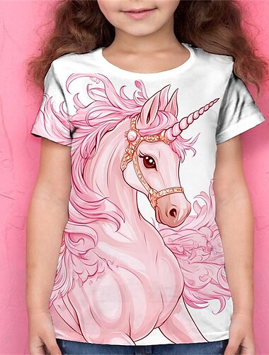  Da ragazza 3D Pop art Unicorno maglietta T-shirt Manica corta Estate Primavera Di tendenza Essenziale Bambino 4-12 anni Girocollo Esterno Informale Giornaliero Standard