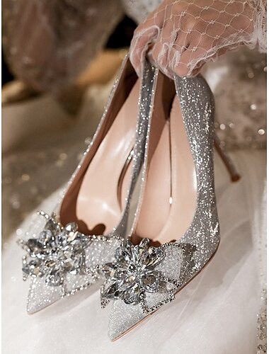  Tacones altos con purpurina plateada para mujer: zapatos de boda brillantes con detalles de flores de cristal y diamantes de imitación, calzado elegante para fiesta
