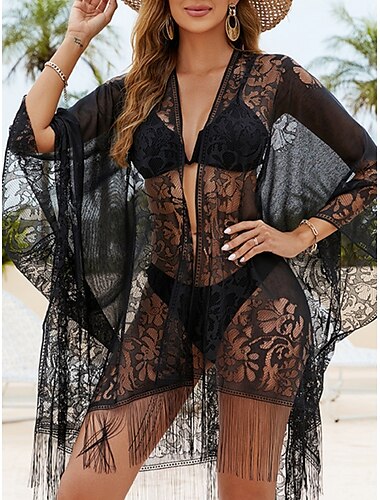  Trajes de Baño para Mujeres Cubierta de Traje de Baño Encaje Vacaciones Ropa de Playa Color Sólido Cuello en V Manga Larga Trajes de Baño