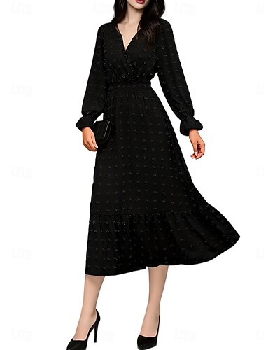  Damen Midikleid Langärmliges Boho-Kleid Elegant Stilvoll Brautkleider schlicht Lockere Passform Langarm V Ausschnitt Schwarz Wein Marineblau Dunkelgrün Sommer Frühling Herbst