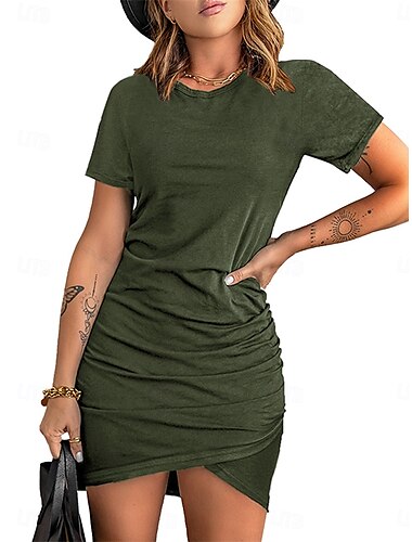  Damen Mini Kleid Wickelkleid T-Shirt Kleid Tee Kleid Einfarbig Bodycon Kleid Freizeit Urlaub Straße Casual Reguläre Passform Grafik Kurzarm Rundhals Schwarz Marineblau Lila Braun Sommer