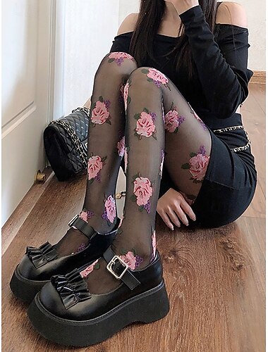  mit Blumen bestickte transparente Strumpfhose für Damen – elegante schwarze Netzstrumpfhose mit Rosenmuster, perfekt für die Freizeit, den Abend und besondere Anlässe