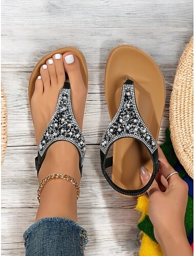  Damen-T-Riemchensandalen im Bohemian-Stil mit Perlenbesatz – flache Sommersandalen im Vintage-Stil mit Strassverzierungen für den Strand und die Freizeit