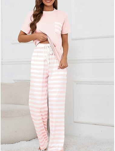  Dam Pyjamas set Ledigt Komfort Rand Elastisk midja T-shirt Byxa Hem Dagligen Kortärmad Rund hals Rodnande Rosa Marinblå Grå Sommar Vår Höst Normal
