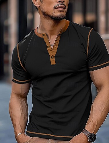  男性用 カラーブロック ヘンリーシャツ Tシャツ 半袖 ヴィンテージ ファッション デザイナー アウトドア カジュアル 日常 春 & 秋 ブラック グレー アーミーグリーン ネイビーブルー ヘンリー ヘンリーTシャツ