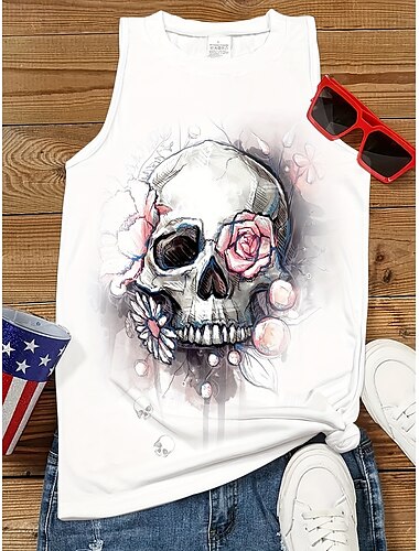 ウィメンズ Tシャツ フローラル スカル スタイリッシュ カジュアル ノースリーブ クルーネック レギュラー トップス デイリープリント ホワイト ピンク 夏
