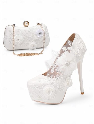  weiße Spitzen-Brautschuhe mit floralen Verzierungen, spitze Spitze, elegantes High-Heel-Design, perfekt für Braut- und formelle Anlässe