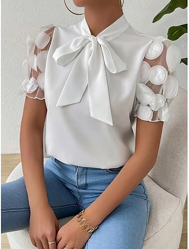  Bluse Damen Schwarz Weiß Rote Solide / einfarbig Spitze Schleife Täglich Elegant Stehkragen Regular Fit S