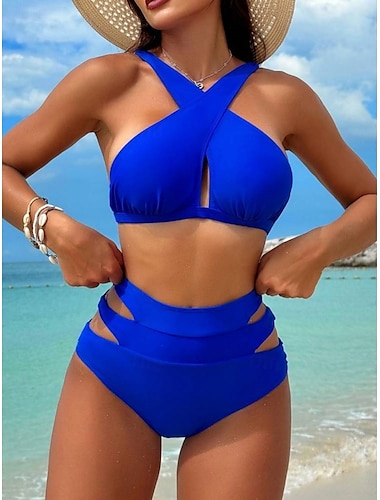  Femme Maillots de Bain Bikinis 2 pièces Slips Maillot de bain Dos Nu Mince Vacances Tenues de plage Couleur unie Dos nu Sans Manches Maillots de bain