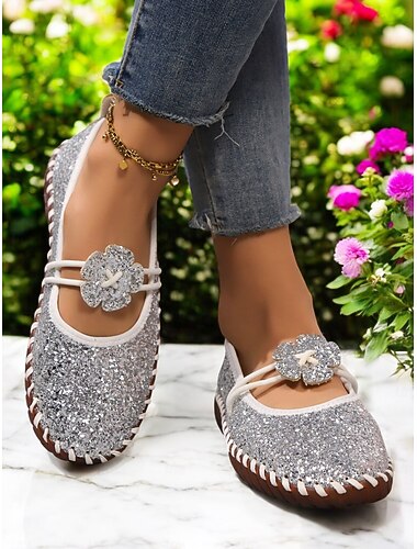  ballerines à paillettes pour femmes – mocassins Mary Jane scintillants avec décoration florale, chaussures de marche confortables pour les fêtes et les tenues décontractées