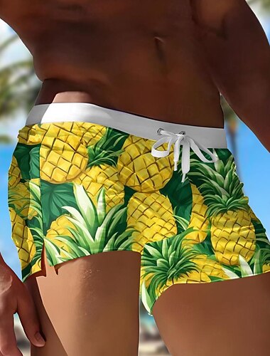  Herren Frucht Ananas Badehosen Badeshorts Boardshorts Mittlere Taille 3D-Druck Hawaiianisch Surfen Ferien Strand Kordelzug mit Mesh-Futter Elastischer Bund Designer Bekleidung