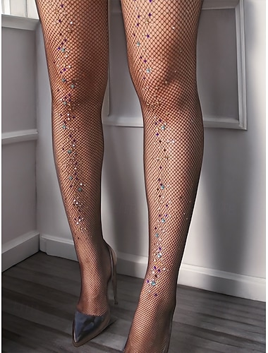  Medias de rejilla para mujer con detalles de diamantes de imitación de colores: medias brillantes y elegantes para fiestas, festivales y salidas nocturnas