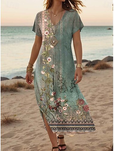  Dames Maxi-jurk Casual jurk A lijn jurk Stijlvol Casual Vakantie Dagelijks Normale pasvorm Bloemig Korte mouw V-hals Rood blauw Oranje Groen Zomer Lente