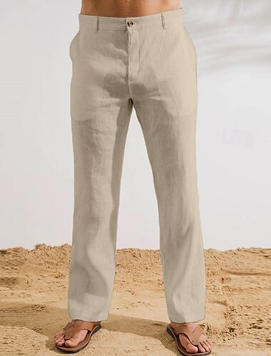  Herren Anzughose Leinenhosen Hose Sommerhose Tasche Knöpfe Gerader Schnitt Einfach Komfort Atmungsaktiv Volle Länge Outdoor Lässig Täglich Mode Klassicher Stil Schwarz Weiß