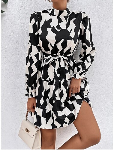  Dames Mini Jurk Korset Jurk Wikkel Jurk Mini Jurk Petite Jurk A-lijn Jurk Rimpel Jurk Elegant Casual Feest Werk Verjaardag Regular Fit Grafisch Lange Mouw Staande Kraag Wit Zomer Lente