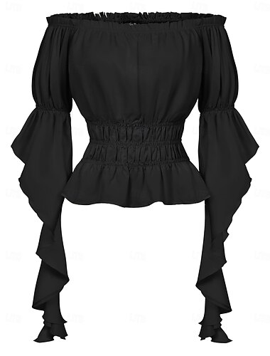  Retro Antiguo Medieval Renacimiento Blusa / Falda Manga con volantes Vikingo élfico Hombros Caídos Color sólido Mujer Celta Pirata Fantasía Víspera de Todos los Santos Carnaval Vacaciones Casual