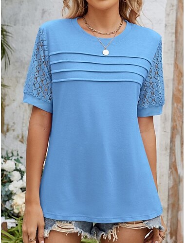  Femme Chemise Chemisier Couleur unie mode Décontractées Manche Courte Col Ras du Cou Hauts réguliers du quotidien Dentelle Patchwork Vert cendré Noir Blanche Rose Claire Bleu Ciel Eté Printemps