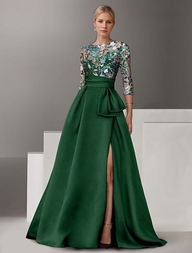  Květinové Vyšívané A-Linie Večerní Šaty Elegantní Šaty Formální Svatební Floor Length Poloviční Rukáv Košilový Límec Satén s Mašlí