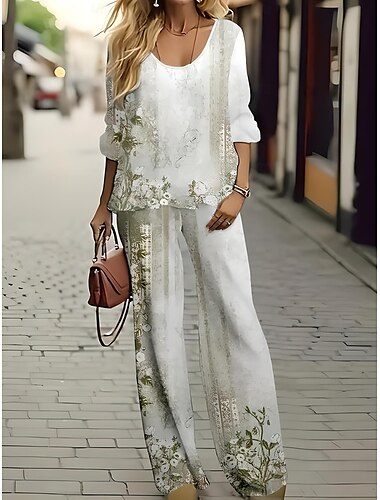  2 Pièces Femme Basique Néon  Chemise Bou blouse à Manches 3/4 Col en V Florale Tie Dye Imprimé Abstrait Casual Lin Comme Ivoire Été Coupe Régulière