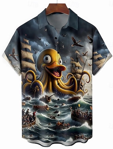  Homme Marrant Pieuvre Voilier Chemise hawaïenne Chemise boutonnée Chemise Aloha Manche Courte Hawaïen Station balnéaire Vacances Tenues de plage Eté Printemps Col rabattu chemises à col Une poche