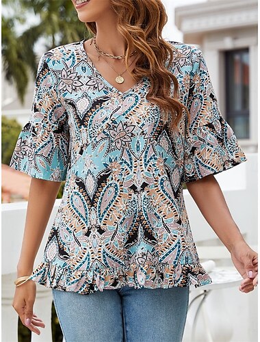  Mujer Camiseta Graphic Moda Moderno Casual Manga Corta Escote en Pico Tops regulares Diario Fin de semana Retazos Negro Vino Verde Trébol Verano Primavera