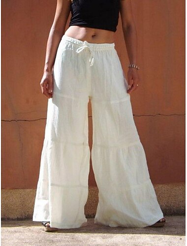  Women's Wide Leg Chinos Fashion Streetwear Full Length High Waist Plain Pocket Elastic Waistband Comfy Soft Comfortable Micro-elastic Outdoor Street White Khaki Light Blue Summer Spring Regular Fit