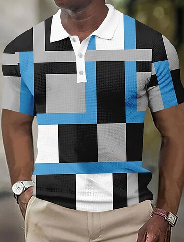  Herre Geometrisk Vaffel poloskjorter Kortermet Poloskjorter Skjorter med krage Business Casual treningsklær Arbeidsklær Dagligdagstøy Knapper 3D-utskrift Sommer Rød Blå Himmelblå