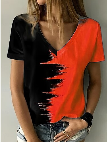 Dam T-shirt Färgblock Stylish Ledigt Kortärmad Fjärilsärmar V-hals Vanliga toppar Dagligen Helgen Lappverk Mönster Blå Purpur Orange Sommar Vår