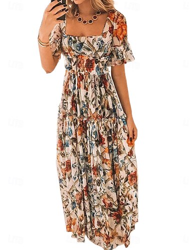  Damen Maxidress Corsagenkleider A Linie Kleid Milchmädchen-Kleid Kleid mit Puffärmeln Urlaub Urlaub Täglich Regular Fit Blumen Kurzarm Quadratischer Ausschnitt Gelb Aprikose Sommer