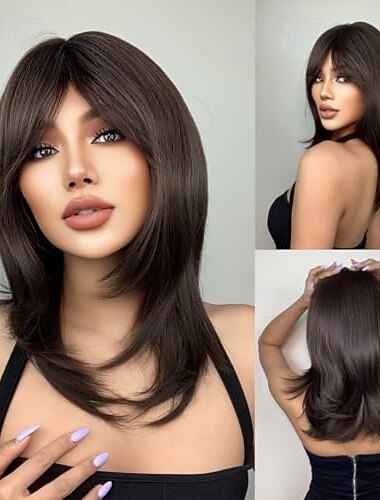  perruques avec frange pour femmes perruque en cheveux synthétiques perruques ondulées résistantes à la chaleur d'aspect naturel