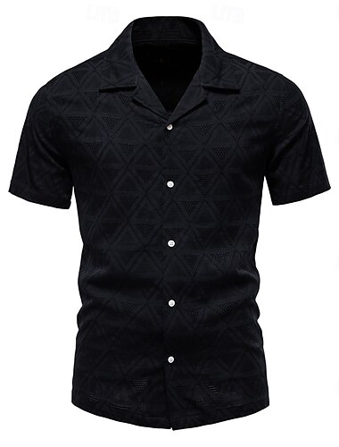  Herren Hemd Schwarz Weiß Kaki Kurzarm Einfarbig Kubanisches Halsband Outdoor Lässig Knöpfe Bekleidung Täglich Alltagstauglich Freizeit