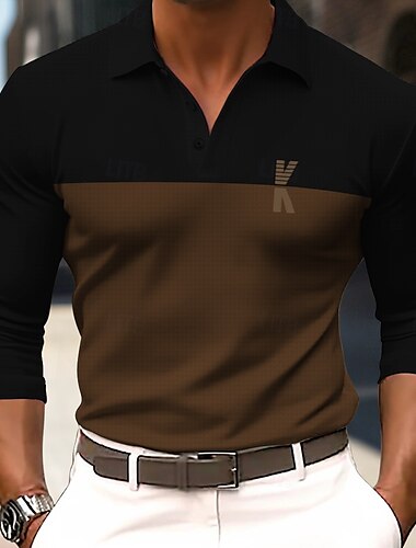 Per uomo Lettera Polo Manica Lunga Magliette polo Camicie con Colletto Business Casual Scuola Athleisure Abbigliamento quotidiano Stampa 3D Primavera Autunno Inverno Marrone scuro Grigio chiaro