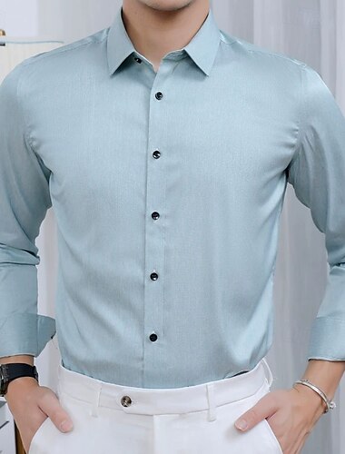  Hombre Camisa para Vestido Camisa sin planchar Resistente a las arrugas Plano Boda Exterior Bleu Ciel Azul Real Azul cielo Gris Ligero Manga Larga Cuello Vuelto Verano Primavera Ropa